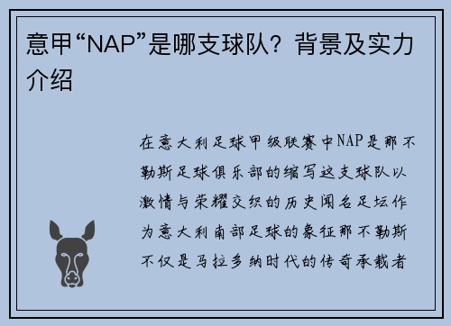 意甲“NAP”是哪支球队？背景及实力介绍