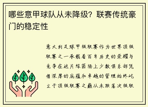 哪些意甲球队从未降级？联赛传统豪门的稳定性